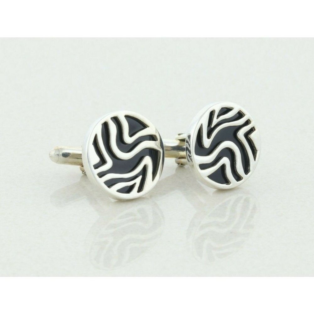 Men's Sterling Silver and Black Bullet Back Cufflinks - Picture 6 of 6